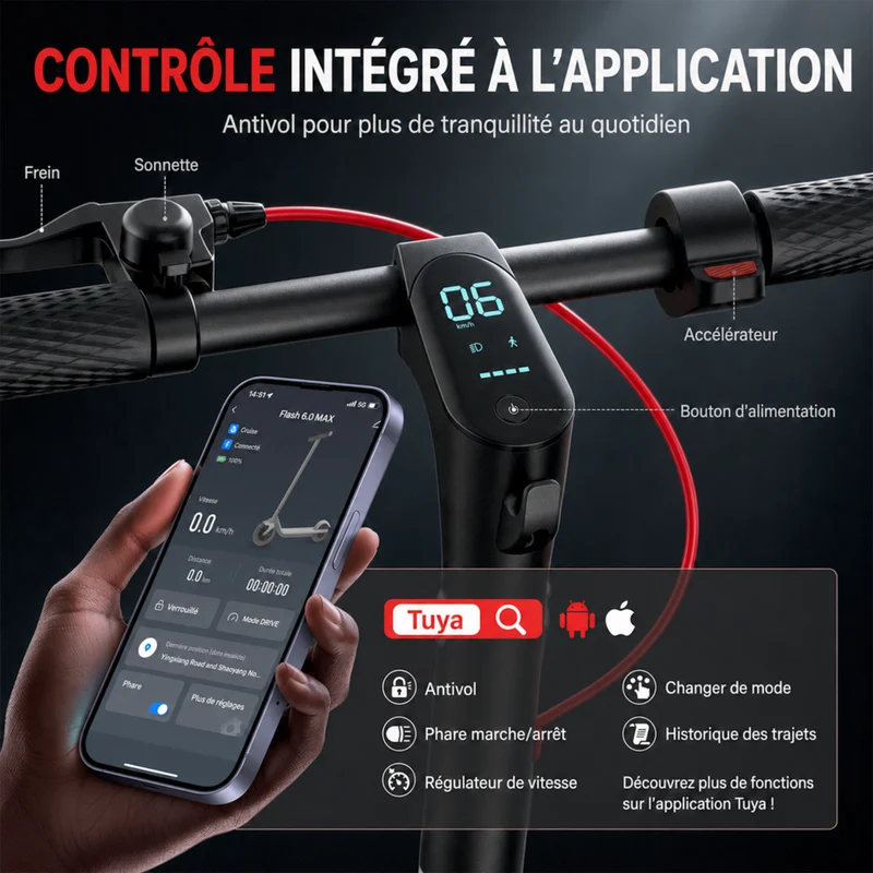 Gyrocopters - Trottinette électrique Flash 6.0 MAX pour adultes et adolescents - Vitesse : 32 km/h - Autonomie : 40 km - Noir