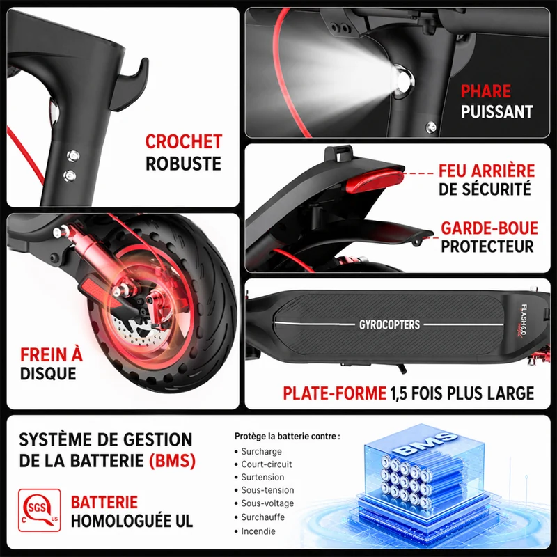 Gyrocopters - Trottinette électrique Flash 6.0 MAX pour adultes et adolescents - Vitesse : 32 km/h - Autonomie : 40 km - Noir
