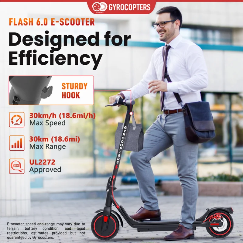 Gyrocopters Flash 6.0 Electric Scooter for Adults & Teens - Speed 30 kmph - Range 30 km - 350 W-Black