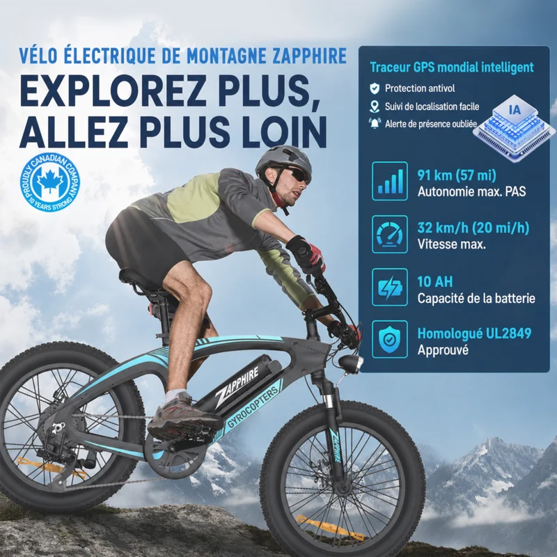 Gyrocopters - Vélo électrique pour adultes Zapphire - Vitesse 32 km/h - Autonomie (assistance électrique) 91 km - Noir