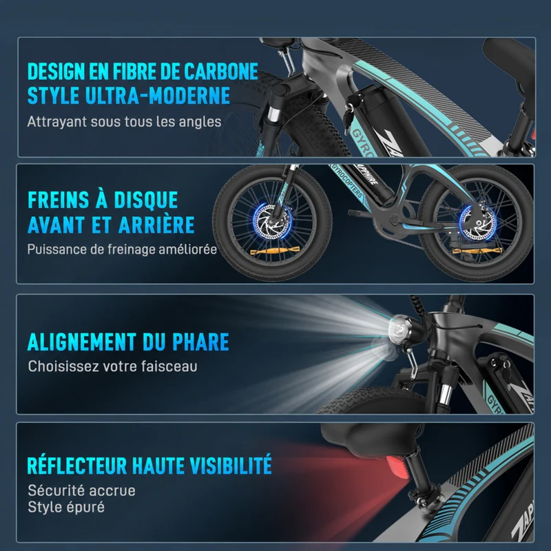 Gyrocopters - Vélo électrique pour adultes Zapphire - Vitesse 32 km/h - Autonomie (assistance électrique) 91 km - Noir