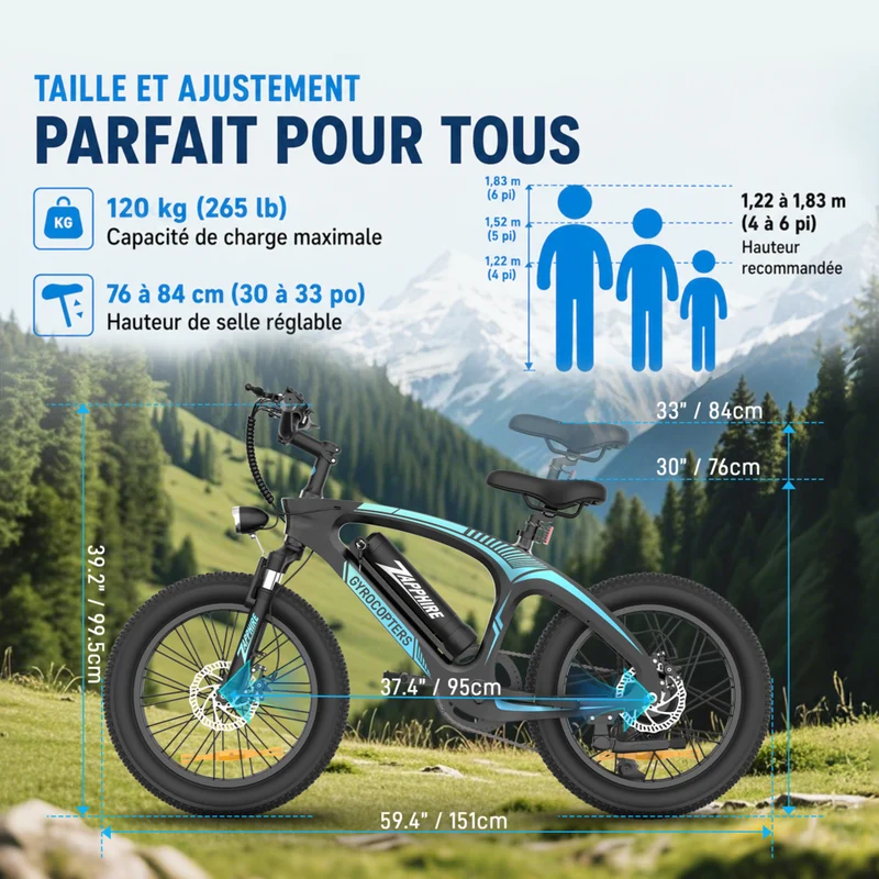 Gyrocopters - Vélo électrique pour adultes Zapphire - Vitesse 32 km/h - Autonomie (assistance électrique) 91 km - Noir