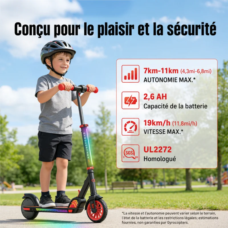 Gyrocopters - Trottinette électrique pour enfants Flash KidZ - Vitesse 19 km/h - Autonomie 11 km - Éclairage LED - Rouge