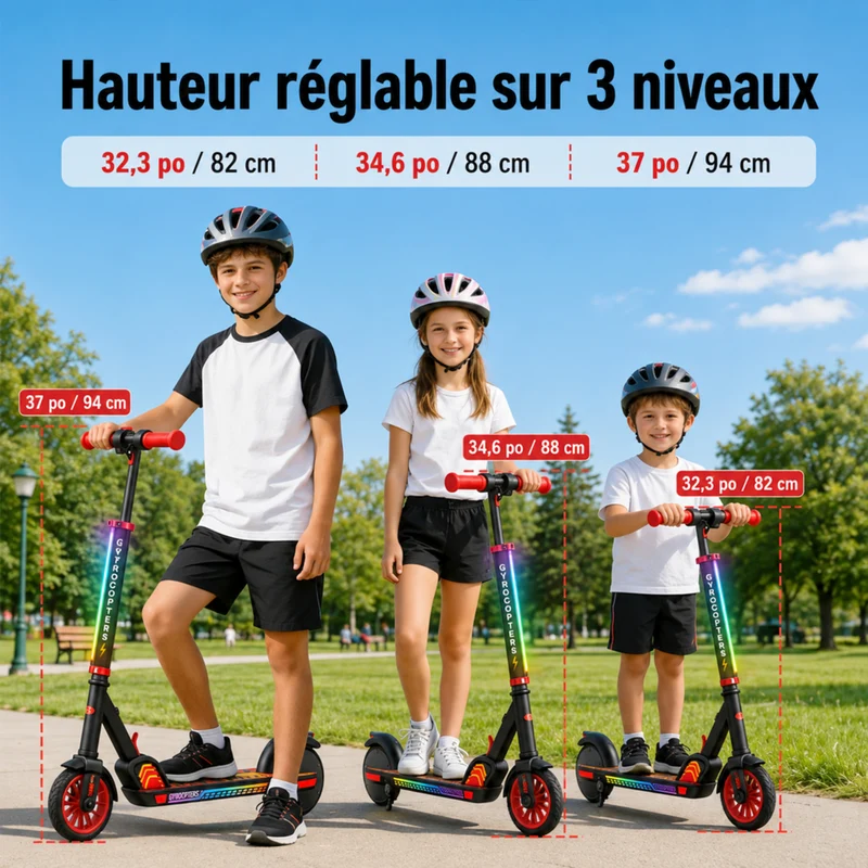 Gyrocopters - Trottinette électrique pour enfants Flash KidZ - Vitesse 19 km/h - Autonomie 11 km - Éclairage LED - Rouge