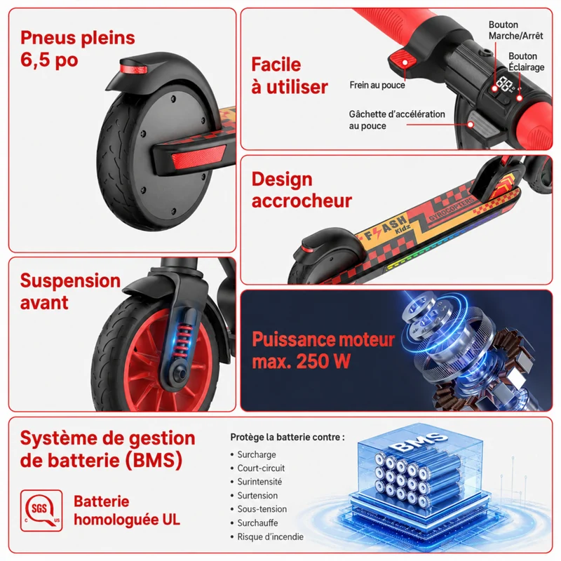 Gyrocopters - Trottinette électrique pour enfants Flash KidZ - Vitesse 19 km/h - Autonomie 11 km - Éclairage LED - Rouge