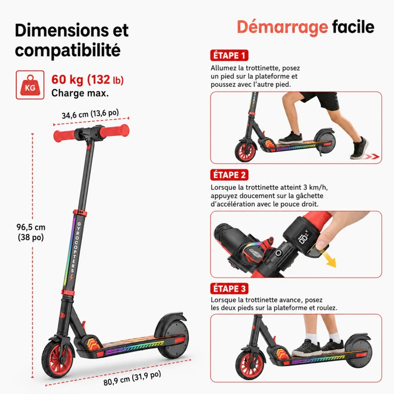 Gyrocopters - Trottinette électrique pour enfants Flash KidZ - Vitesse 19 km/h - Autonomie 11 km - Éclairage LED - Rouge
