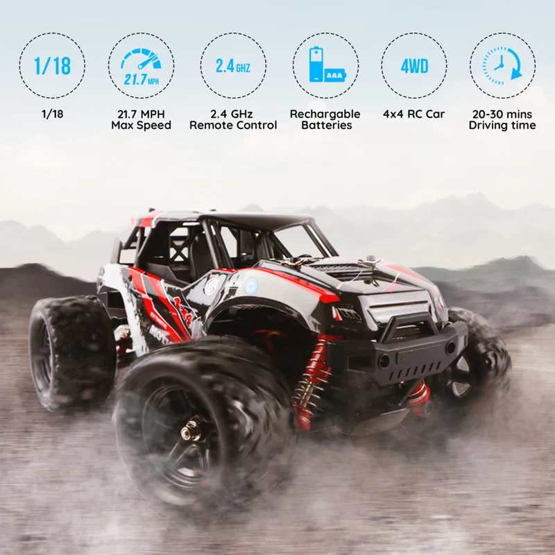 MotionGrey 1:18 RC Off-Road Monster Truck - 4WD High-Speed Remote Control Car - Red