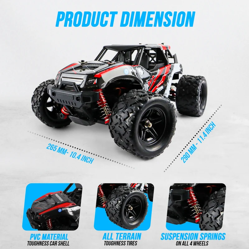 MotionGrey 1:18 RC Off-Road Monster Truck - 4WD High-Speed Remote Control Car - Red