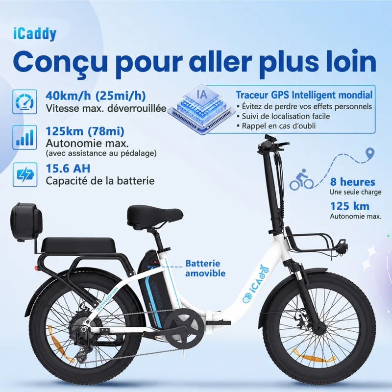 Gyrocopters - Vélo électrique pour adultes iCaddy - Vitesse 40 km/h, assistance au pédalage, autonomie 125 km - Blanc