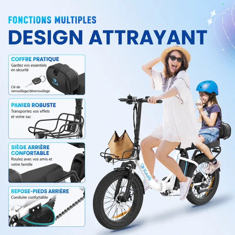 Gyrocopters - Vélo électrique pour adultes iCaddy - Vitesse 40 km/h, assistance au pédalage, autonomie 125 km - Blanc