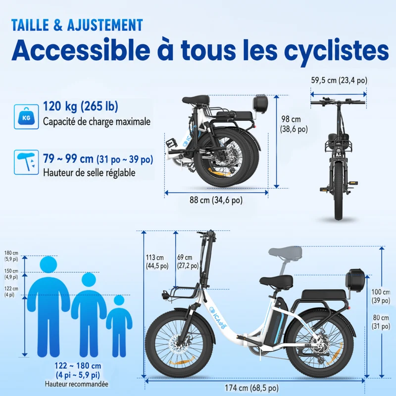 Gyrocopters - Vélo électrique pour adultes iCaddy - Vitesse 40 km/h, assistance au pédalage, autonomie 125 km - Blanc