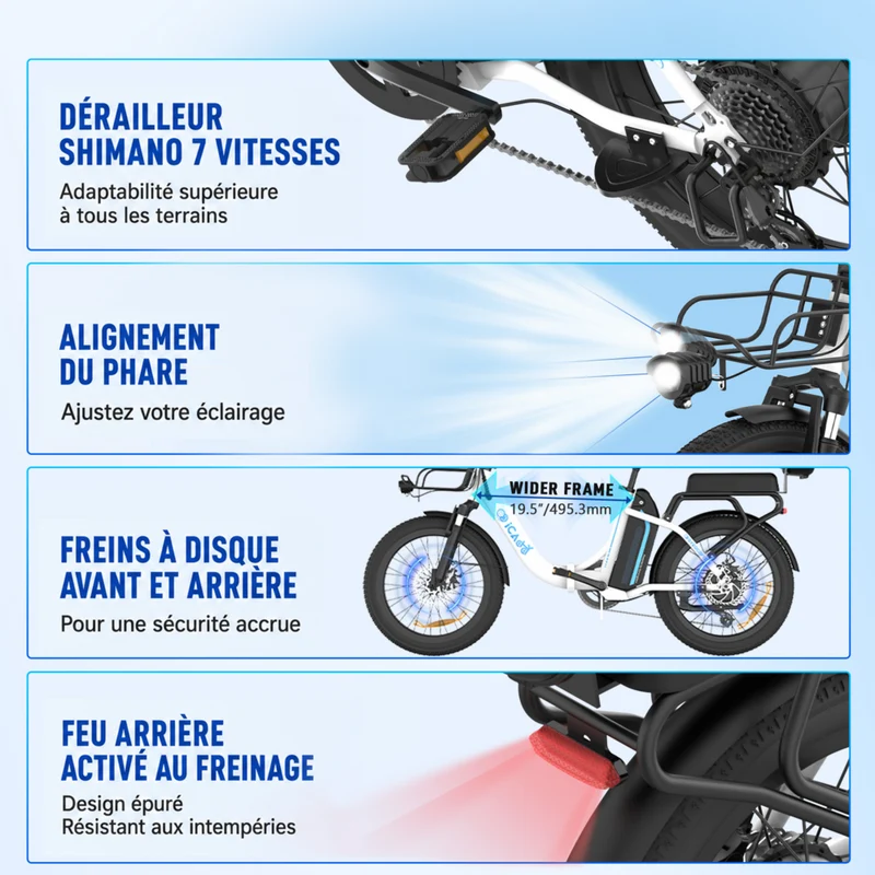 Gyrocopters - Vélo électrique pour adultes iCaddy - Vitesse 40 km/h, assistance au pédalage, autonomie 125 km - Blanc