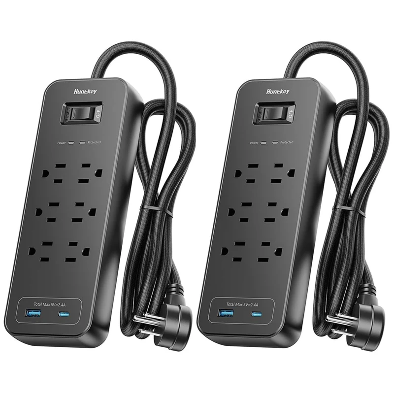 ShoppingAll - Huntkey parasurtenseur multiprise avec 6 prises et 2 ports USB – 4 pi – noir - Paquet de 2