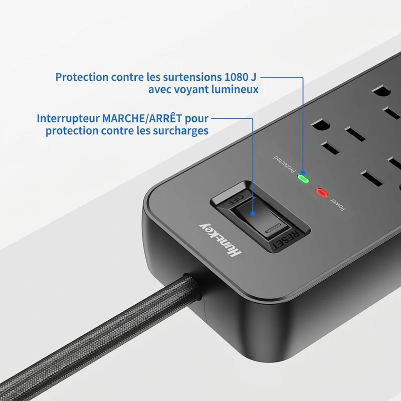 ShoppingAll - Huntkey parasurtenseur multiprise avec 6 prises et 2 ports USB – 4 pi – noir - Paquet de 2