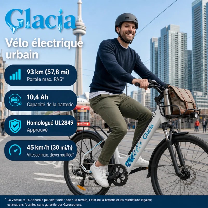 Gyrocopters - Vélo électrique Glacia pour adultes et adolescents - Vitesse 45 km/h - Autonomie (assistance) 93 km - Blanc