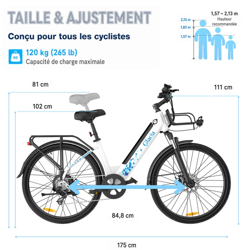 Gyrocopters - Vélo électrique Glacia pour adultes et adolescents - Vitesse 45 km/h - Autonomie (assistance) 93 km - Blanc
