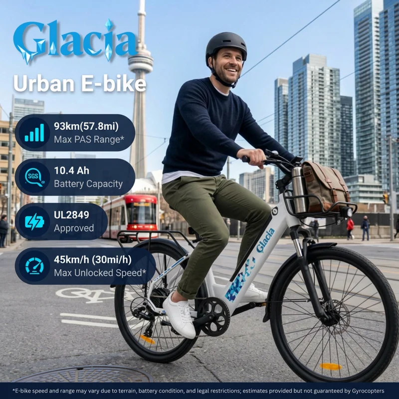 Gyrocopters Glacia Electric Bike for Adults & Teens - Speed 45 kmph - PAS 93 km - White