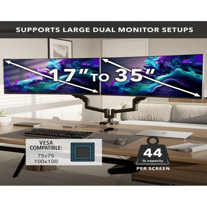 Mount-It! Heavy-Duty Dual Monitor Mount with Gas Spring Arms - Fits Monitors up to 35"