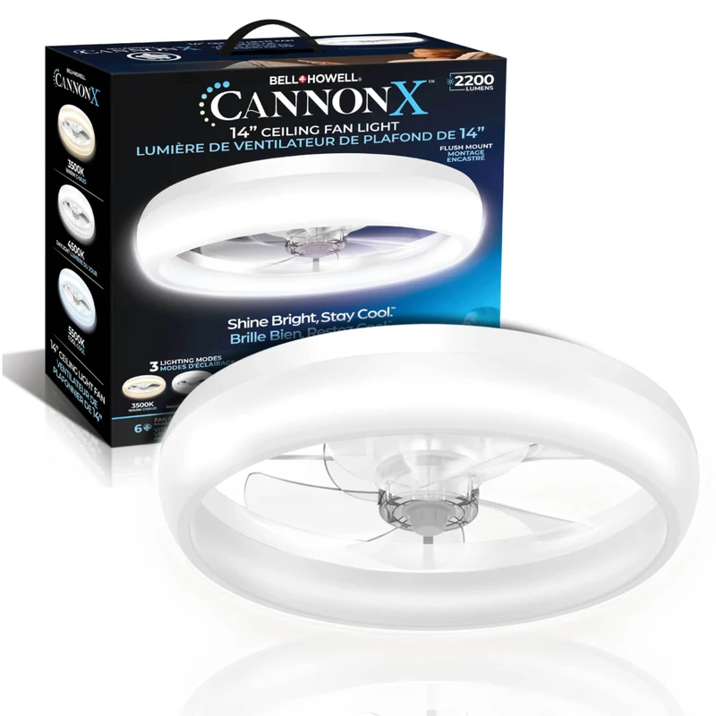 Bell+Howell - Ventilateur de plafond CannonX à profil bas de 35,5 cm (14 po) avec éclairage et télécommande - Blanc