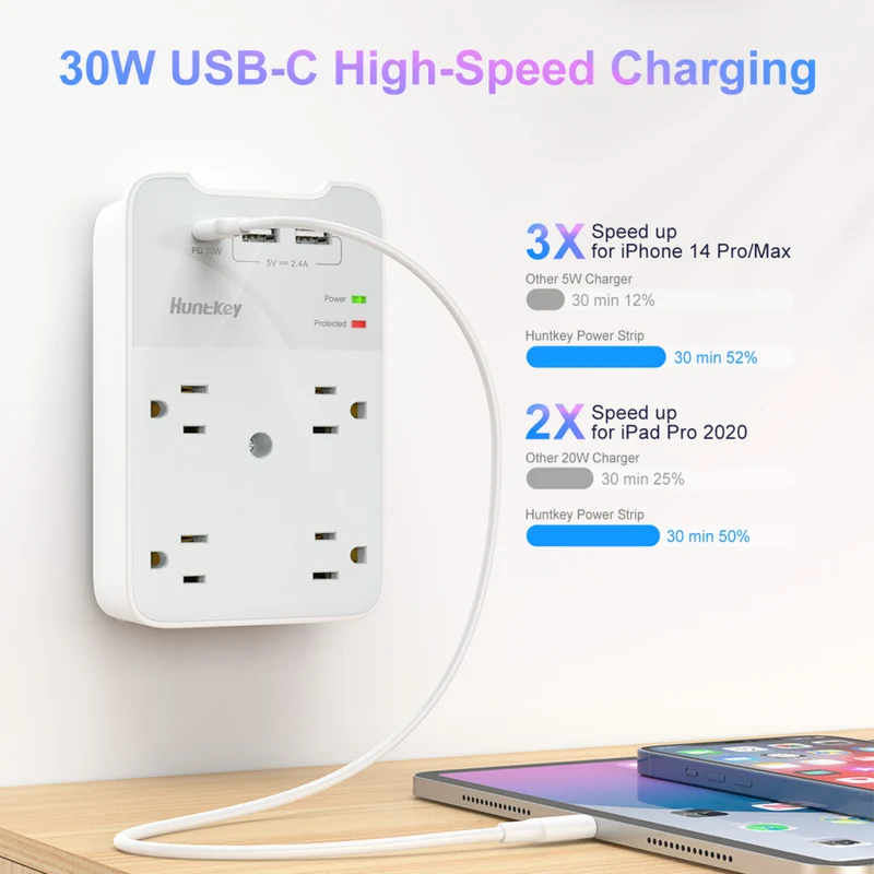 ShoppingAll - Huntkey multiprise murale avec parasurtenseur, 4 prises et 3 ports USB - Paquet de 2