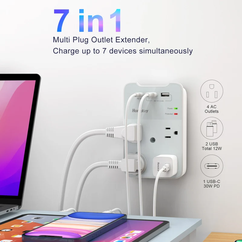 ShoppingAll - Huntkey multiprise murale avec parasurtenseur, 4 prises et 3 ports USB - Paquet de 2