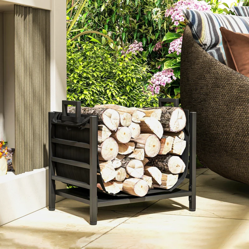 Outsunny 19" Firewood Rack Outdoor with Carrier - Metal Wood Storage Holder