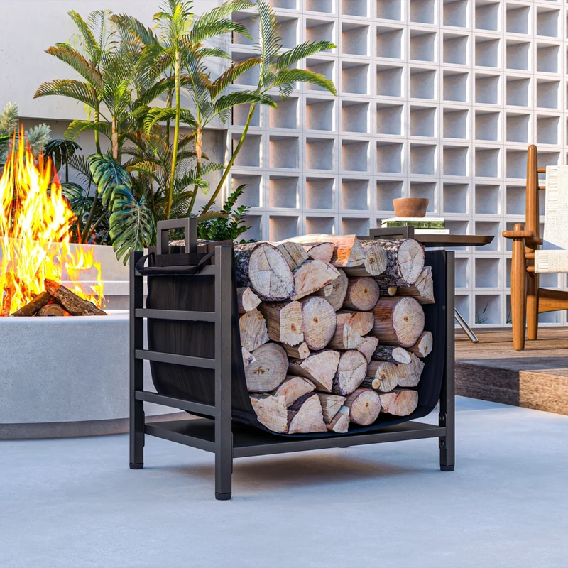 Outsunny 19" Firewood Rack Outdoor with Carrier - Metal Wood Storage Holder