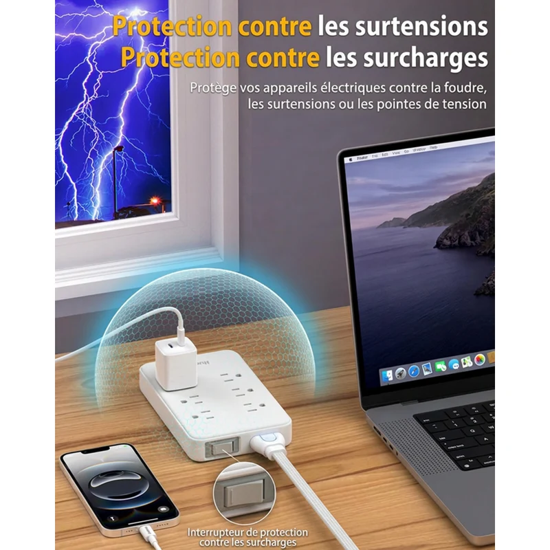 Huntkey - Parasurtenseur avec cordon détachable, 6 prises et 4 ports USB (2 USB-C, 2 USB-A) - blanc