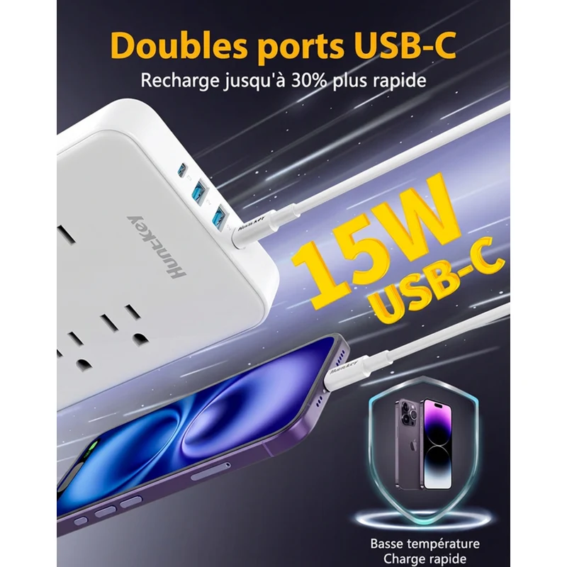 Huntkey - Parasurtenseur avec cordon détachable, 6 prises et 4 ports USB (2 USB-C, 2 USB-A) - blanc