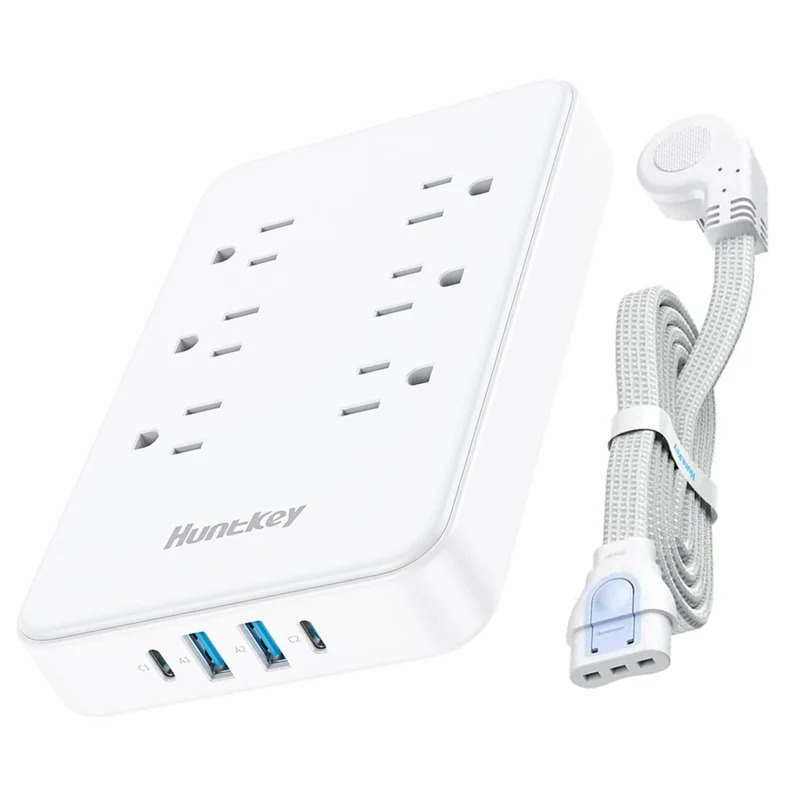 Huntkey Detachable Surge Protector Power Strip with 6 Outlets and 4 USB Ports - White