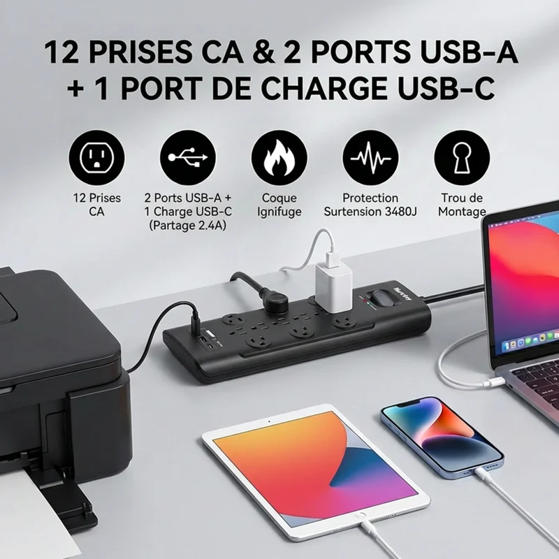 Huntkey - Parasurtenseur multiprise avec 12 prises et 3 ports USB (2 USB-A et 1 USB-C à charge rapide 20 W), cordon de 6 pi avec fiche plate - noir, paquet de 2