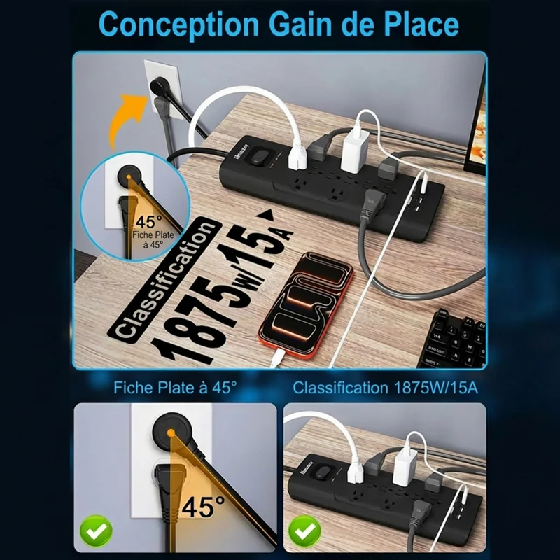 Huntkey - Parasurtenseur multiprise avec 12 prises et 3 ports USB (2 USB-A et 1 USB-C à charge rapide 20 W), cordon de 6 pi avec fiche plate - noir, paquet de 2