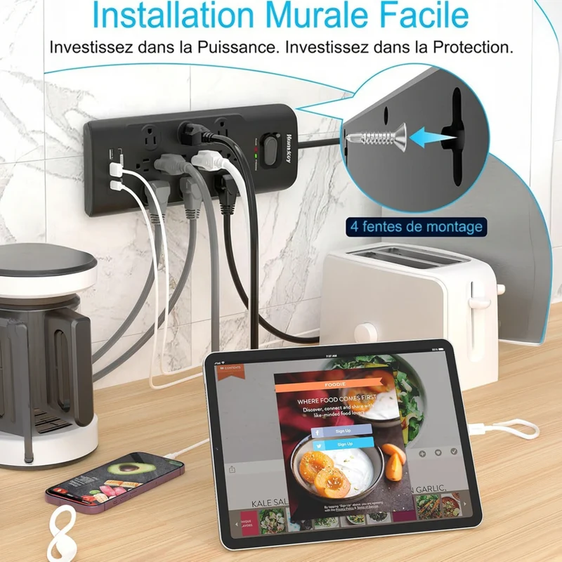 Huntkey - Parasurtenseur multiprise avec 12 prises et 3 ports USB (2 USB-A et 1 USB-C à charge rapide 20 W), cordon de 6 pi avec fiche plate - noir, paquet de 2
