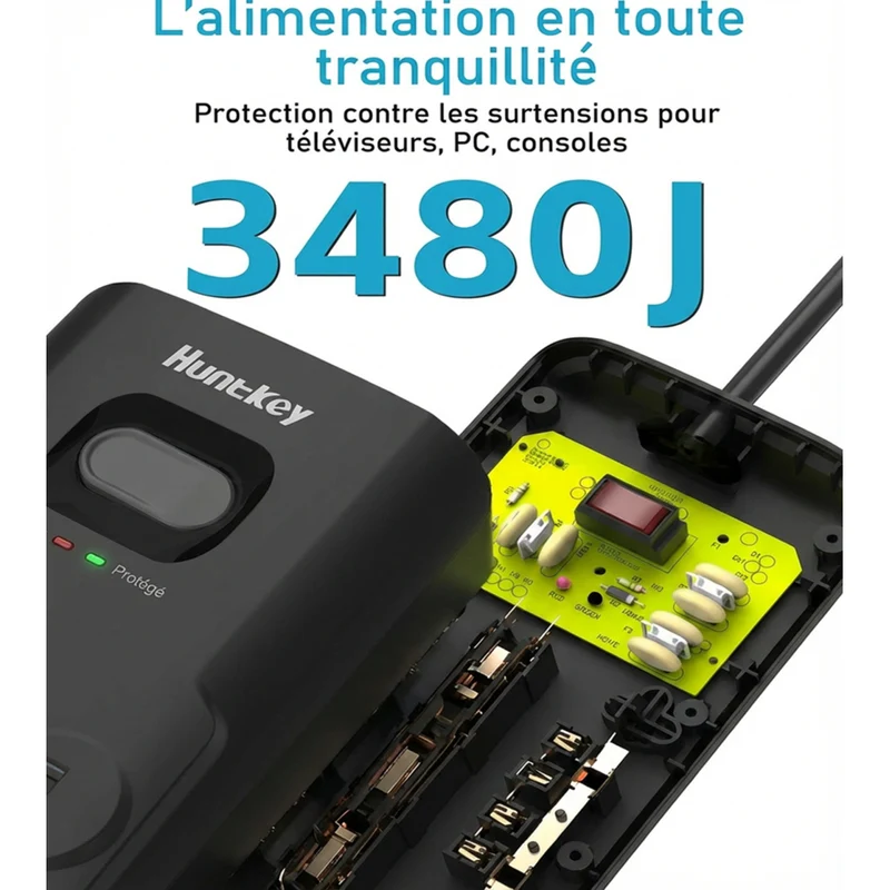 Huntkey - Parasurtenseur multiprise avec 12 prises et 3 ports USB (2 USB-A et 1 USB-C à charge rapide 20 W), cordon de 6 pi avec fiche plate - noir, paquet de 2