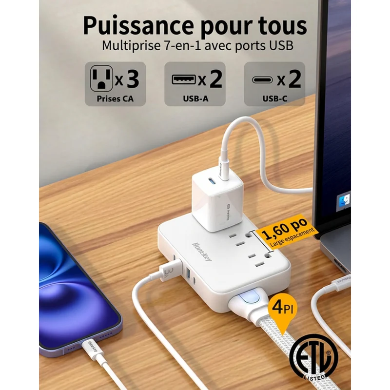 Huntkey - Multiprise avec cordon détachable, 3 prises et 4 ports USB - blanc, paquet de 2