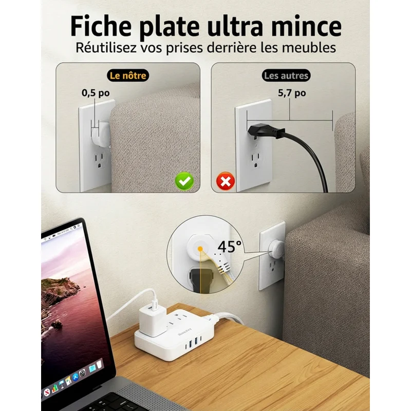 Huntkey - Multiprise avec cordon détachable, 3 prises et 4 ports USB - blanc, paquet de 2