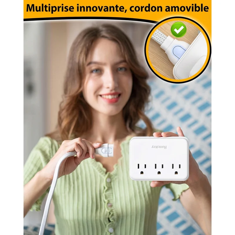 Huntkey - Multiprise avec cordon détachable, 3 prises et 4 ports USB - blanc, paquet de 2