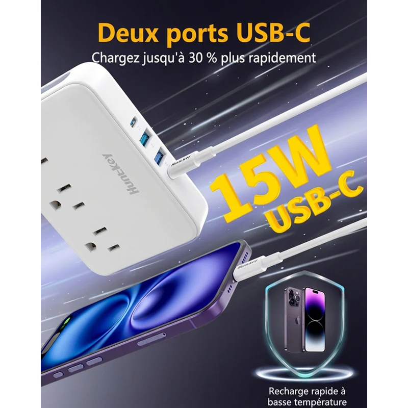 Huntkey - Multiprise avec cordon détachable, 3 prises et 4 ports USB - blanc, paquet de 2