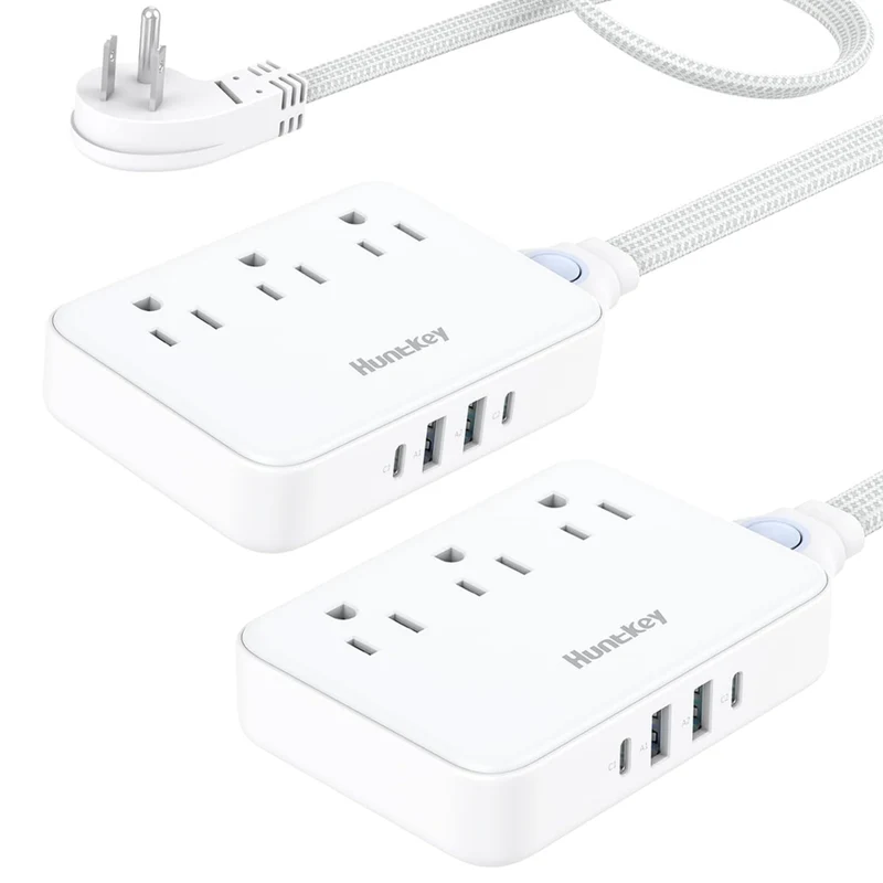 Huntkey Detachable Cord Power Strip with 3 Outlets and 4 USB Ports - White - 2 Pack