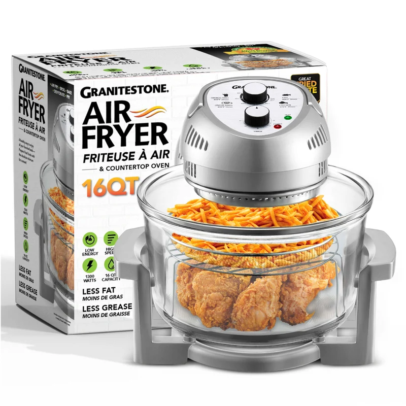 Granitestone Big Boss 16 qt Extra Large Glass Air Fryer with 3 Cooking Sections and Stainless Steel Racks - Silver