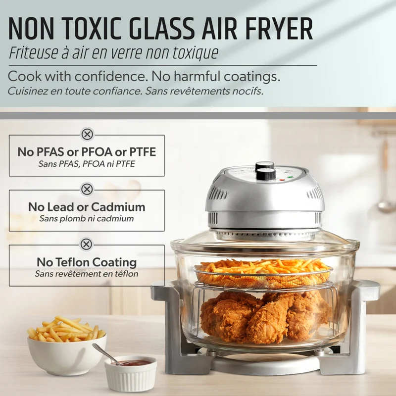 Granitestone Big Boss 16 qt Extra Large Glass Air Fryer with 3 Cooking Sections and Stainless Steel Racks - Silver