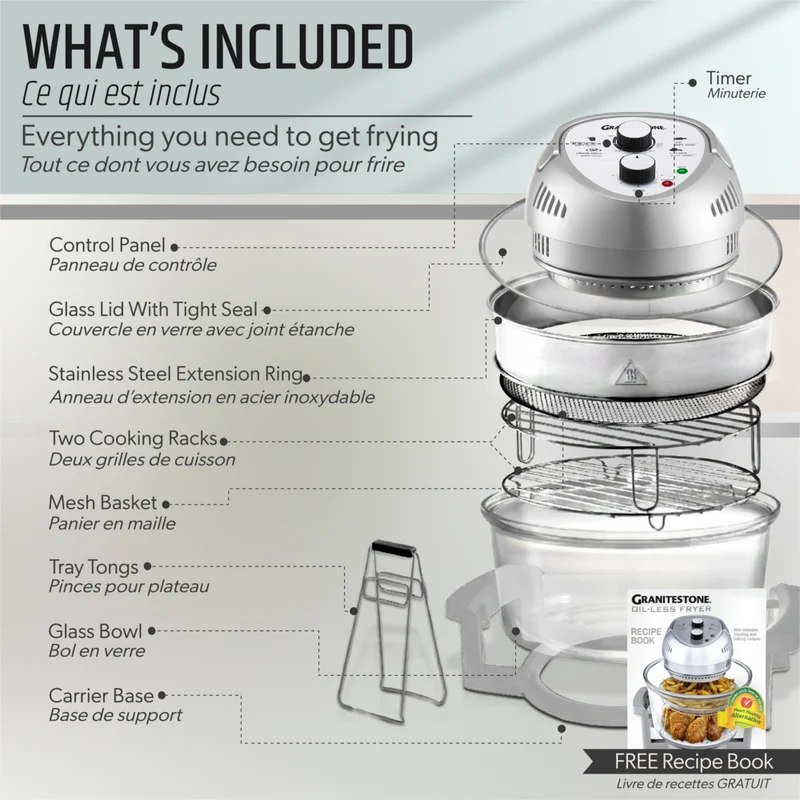 Granitestone Big Boss 16 qt Extra Large Glass Air Fryer with 3 Cooking Sections and Stainless Steel Racks - Silver