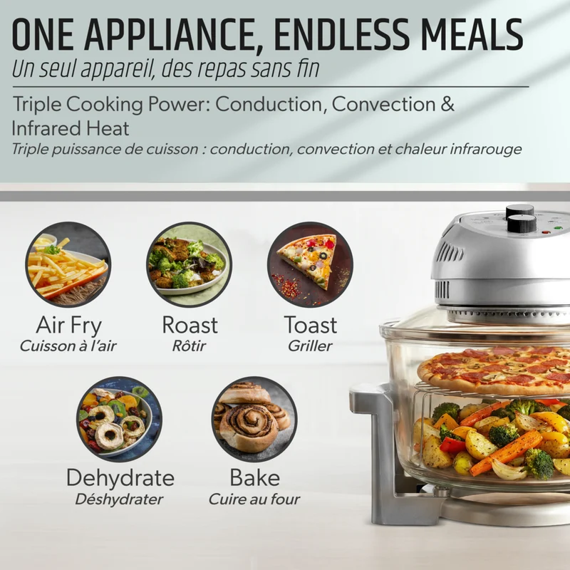 Granitestone Big Boss 16 qt Extra Large Glass Air Fryer with 3 Cooking Sections and Stainless Steel Racks - Silver