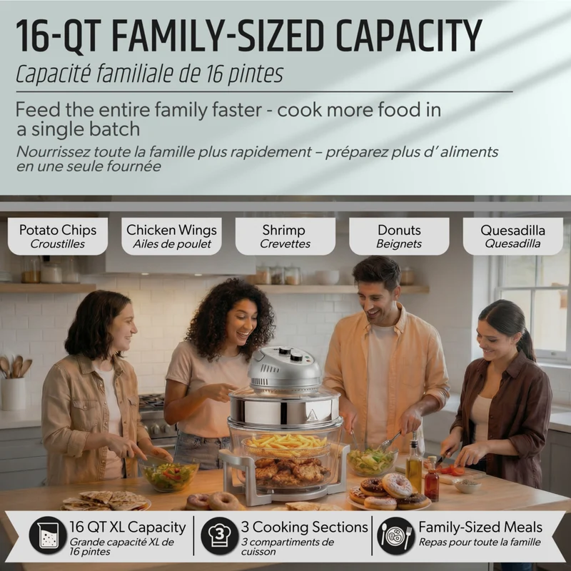 Granitestone Big Boss 16 qt Extra Large Glass Air Fryer with 3 Cooking Sections and Stainless Steel Racks - Silver