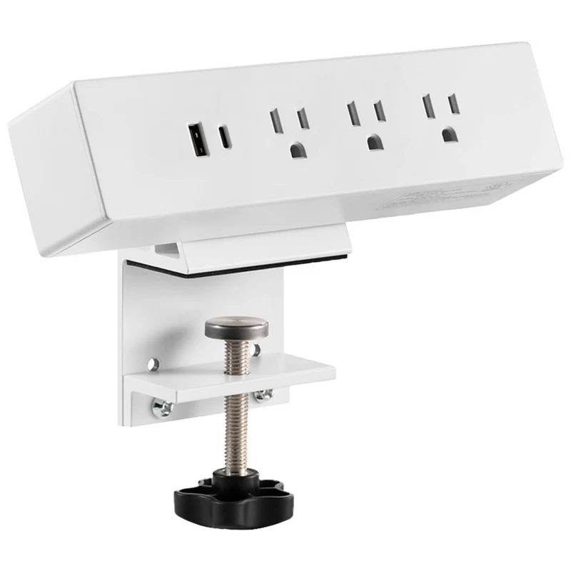 MotionGrey Desk Clamp Power Strip with Desktop Surge Protector with USB-C - 3 Outlets & 6ft Flat Plug - White