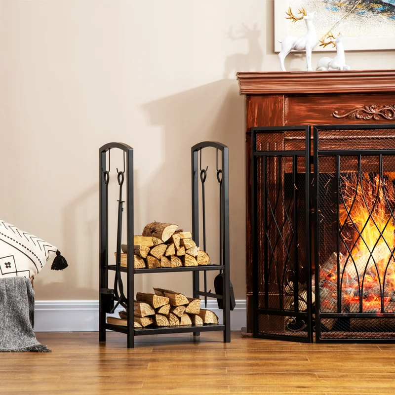 HOMCOM - Porte-bûches 16 po à 2 niveaux avec 4 outils- support de rangement pour bois de cheminée