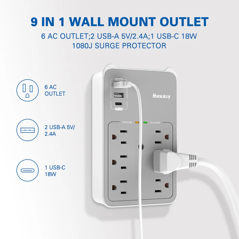 ShoppingAll - Huntkey multiprise murale avec parasurtenseur, 6 prises et 3 ports USB - Paquet de 2