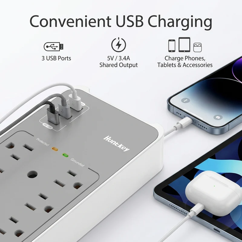 ShoppingAll - Huntkey multiprise murale avec parasurtenseur, 6 prises et 3 ports USB - Paquet de 2