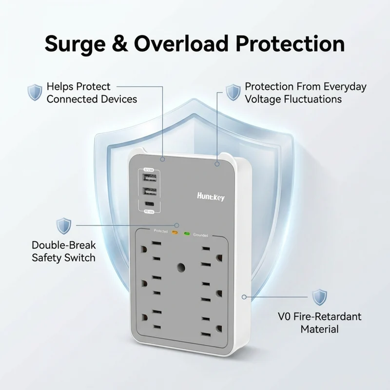 ShoppingAll - Huntkey multiprise murale avec parasurtenseur, 6 prises et 3 ports USB - Paquet de 2