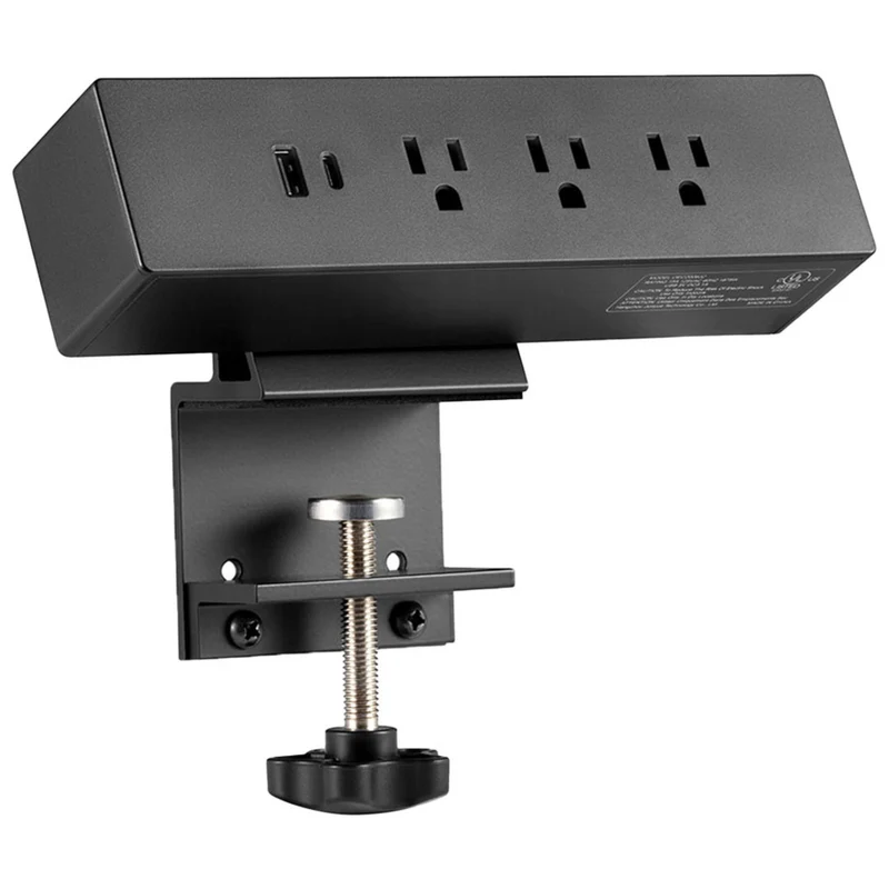 MotionGrey Desk Clamp Power Strip with Desktop Surge Protector with USB-C - 3 Outlets & 6ft Flat Plug - Black